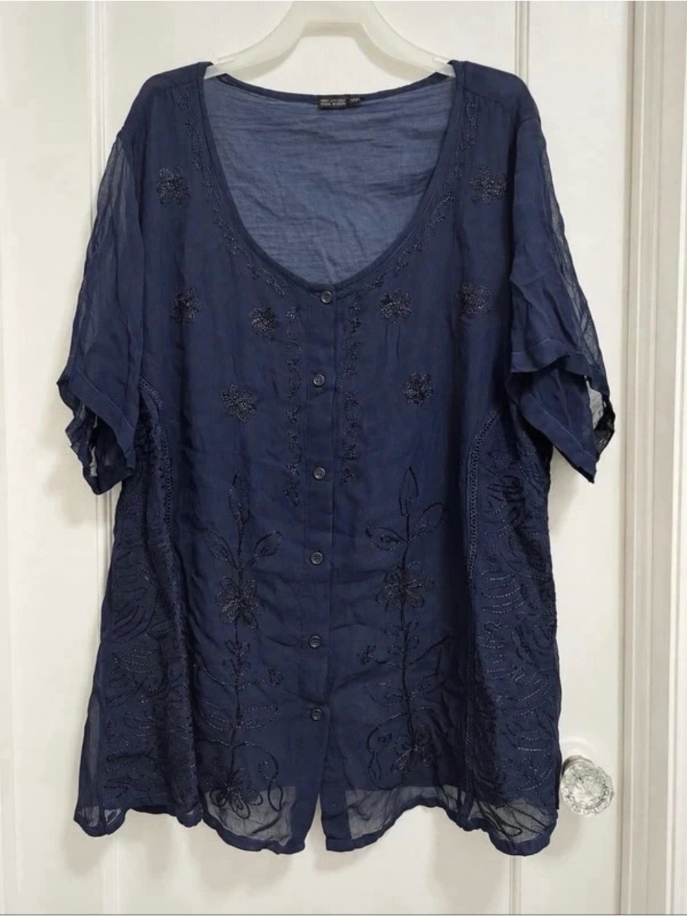 Coldwater Creek Navy Embroidered Button-Down Tunic